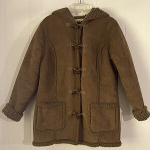 LL Bean Coat Womens Brown‎ Faux Suede Sherpa Lined Hooded Toggle Size M